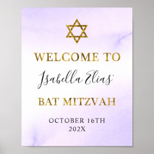Bat Mitzvah Waterverf Pastel Paarse Goud Welkom Poster