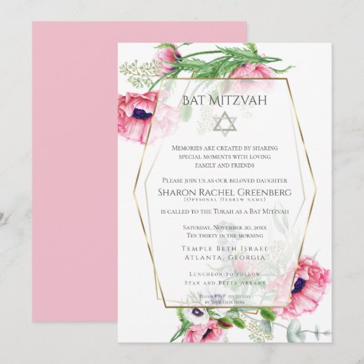 Bat Mitzvah | Waterverf Roze papaver Verse 3 Kaart (Voorkant / Achterkant)