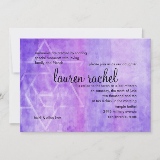Bat Mitzvah Waterverf Streak Paarse ster David Kaart (Voorkant)