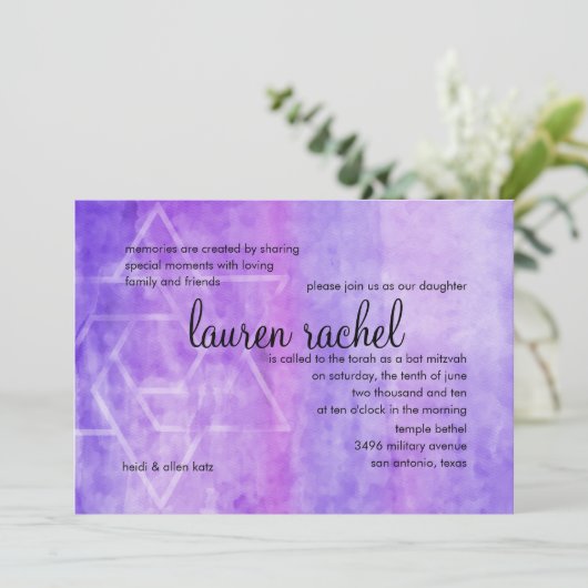 Bat Mitzvah Waterverf Streak Paarse ster David Kaart (Staand voorkant)