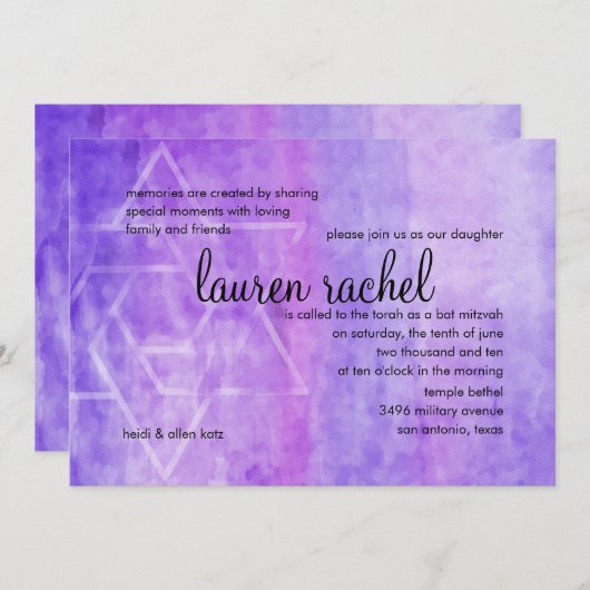 Bat Mitzvah Waterverf Streak Paarse ster David Kaart (Voorkant / Achterkant)