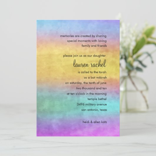 Bat Mitzvah Waterverf Streaks Kaart (Staand voorkant)