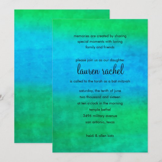 Bat Mitzvah Waterverf Streaks Kaart (Voorkant / Achterkant)