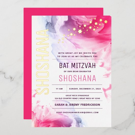 Bat Mitzvah waterverf uitnodiging met ECHT GOUD (Voorkant / Achterkant)