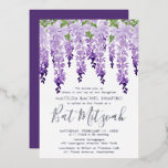 Bat Mitzvah Waterverf Wisteria Corporate Logo Folie Uitnodiging<br><div class="desc">Bat Mitzvah Waterverf Wisteria Corporate Logo Silver Foil Invitation kenmerkt elegante waterverf wisteria-bloemen in zacht lavendel en paars met groene bladeren op een witte achtergrond met je Bat Mitzvah-uitnodigingsinformatie hieronder in de zilveren folie typografie. Personaliseer door de tekst in de verstrekte tekstvakjes uit te geven. Voeg uw Collectieve Logo aan...</div>
