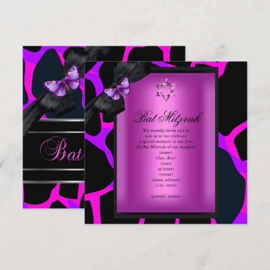 Bat Mitzvah Wilde Roze Paarse Vlinder Kaart (Voorkant / Achterkant)