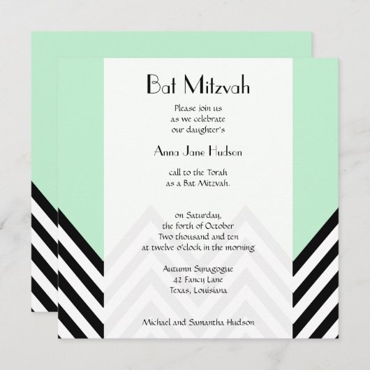 Bat Mitzvah - Zigzag, Chevron - Mint Green, Black Kaart (Voorkant / Achterkant)