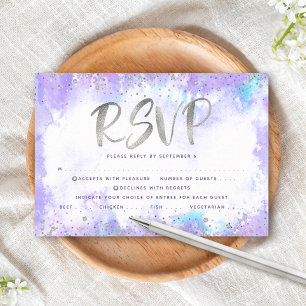 Bat Mitzvah zilver folie paarse waterverf entrée RSVP Kaartje