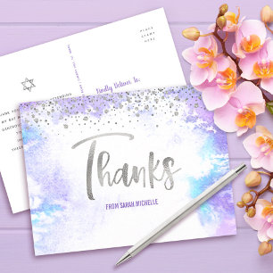 Bat Mitzvah Zilver Schrift Paarse Waterverf Bedank Briefkaart