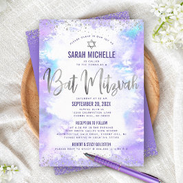 Bat Mitzvah Zilveren Paarse Waterverf Girly 2 Plaa Kaart
