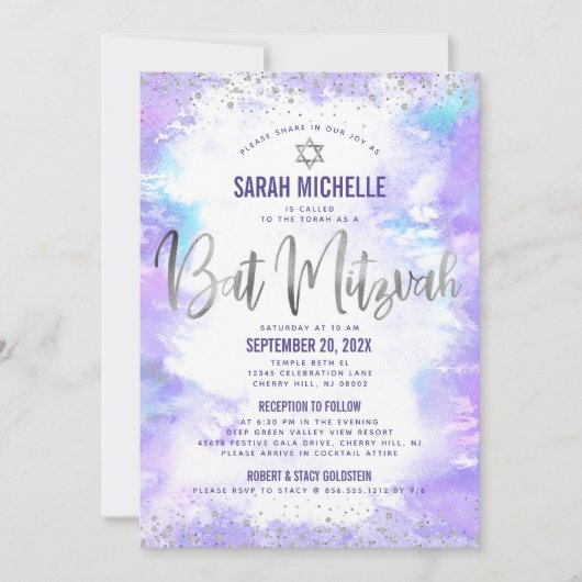Bat Mitzvah Zilveren Paarse Waterverf Girly 2 Plaa Kaart (Voorkant)