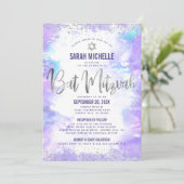 Bat Mitzvah Zilveren Paarse Waterverf Girly 2 Plaa Kaart (Staand voorkant)