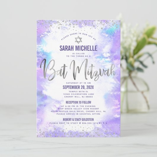 Bat Mitzvah Zilveren Paarse Waterverf Girly 2 Plaa Kaart (Staand voorkant)