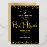 Bat Mitzvah Zwart Elegant Modern Script Echt Goud Folie Uitnodiging<br><div class="desc">Wees trots, blij en toon deze mijlpaal van je favoriete Bat Mitzvah! Verstuur deze verbluffende, moderne, geavanceerde, persoonlijke Hebreeuwse naamuitnodiging voor een evenement om het te herinneren. Het grafische echte de calligrafische manuscript van de goudfolie, Ster van David, en confetti stippen, bekleden een rijke, dramatische, zwarte achtergrond. Een faux gouden...</div>