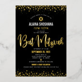 Bat Mitzvah Zwart Elegant Modern Script Echt Goud Folie Uitnodiging (Voorkant)