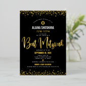 Bat Mitzvah Zwart Elegant Modern Script Echt Goud Folie Uitnodiging (Staand Voorkant)