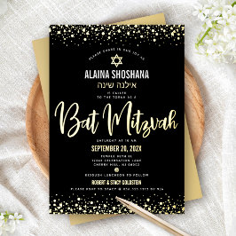 Bat Mitzvah Zwart Elegant Modern Script Echt Goud Folie Uitnodiging