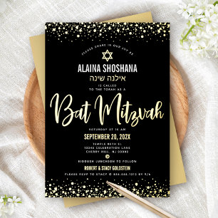 Bat Mitzvah Zwart Elegant Modern Script Echt Goud Folie Uitnodiging