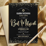 Bat Mitzvah Zwart Goud Folie Glitter Script Modern Kaart<br><div class="desc">Wees trots, blij en toon deze mijlpaal van je favoriete Bat Mitzvah! Verstuur deze verbluffende, moderne, geavanceerde, persoonlijke Hebreeuwse naamuitnodiging voor een evenement om het te herinneren. Het grafische faux gouden folie kalligrafische manuscript, Ster van David, en confetti, bekleedt een rijke, dramatische, zwarte achtergrond. Een faux gouden ster van David...</div>