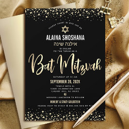 Bat Mitzvah Zwart Goud Folie Glitter Script Modern Kaart