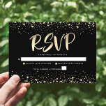 Bat Mitzvah Zwart Goud Folie Glitter Script Modern RSVP Kaartje<br><div class="desc">Wees trots, verheug je en laat deze mijlpaal van je favoriete Bat Mitzvah zien! Neem deze prachtige, moderne, gepersonaliseerde RSVP-wisselkaart voor uw evenement op. Graphic faux gold folie kalligrafie script en confetti bedekken een rijke, dramatische, zwarte achtergrond. Personaliseer de aangepaste tekst met de "antwoorddatum". In dit trendy en speciale collectie...</div>