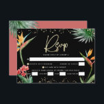 Bat Mitzvah Zwart Goud Tropische Palm Waterverf RSVP Kaartje<br><div class="desc">Wees trots, verheug je en vier deze mijlpaal van je favoriete Bat Mitzvah met deze verfijnde, gepersonaliseerde RSVP-insteekkaart voor je evenement! Stijlvolle, prachtige, kleurrijke, waterverf paradijsbloemenvogels, faux gold handgeschreven script, Star of David en glitter stippen, samen met modern sans serif type, overlay een dramatische, zwarte achtergrond. Extra waterverf palmbladeren en...</div>