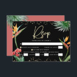 Bat Mitzvah Zwart Goud Tropische Palm Waterverf RSVP Kaartje<br><div class="desc">Wees trots, verheug je en vier deze mijlpaal van je favoriete Bat Mitzvah met deze verfijnde, gepersonaliseerde RSVP-insteekkaart voor je evenement! Stijlvolle, prachtige, kleurrijke, waterverf paradijsbloemenvogels, faux gold handgeschreven script, Star of David en glitter stippen, samen met modern sans serif type, overlay een dramatische, zwarte achtergrond. Extra waterverf palmbladeren en...</div>