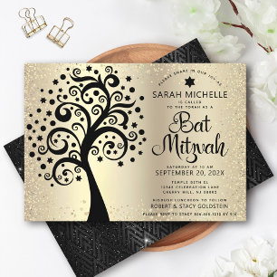 Bat Mitzvah Zwarte Boom des Levens Schrift Goud Fo Kaart