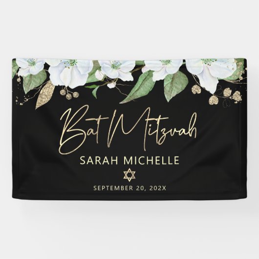 Bat Mitzvah Zwarte Gouden Schrift Waterverf Bloems Spandoek (Horizontaal)