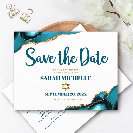 Bat Mitzwa datum opslaan Turquoise agaat script Uitnodiging Briefkaart