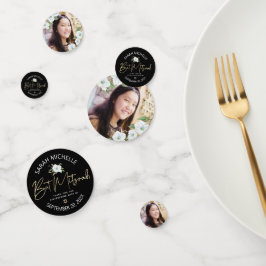 Bat Mitzwa foto zwart goud script elegante bloemen Confetti