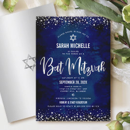 Bat Mitzwa Moderne Marine Zilver Glitter Folie Sch Kaart