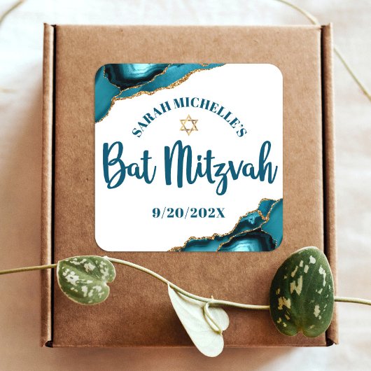 Bat Mitzwa Moderne Turquoise Goud Agaat Script Vierkante Sticker