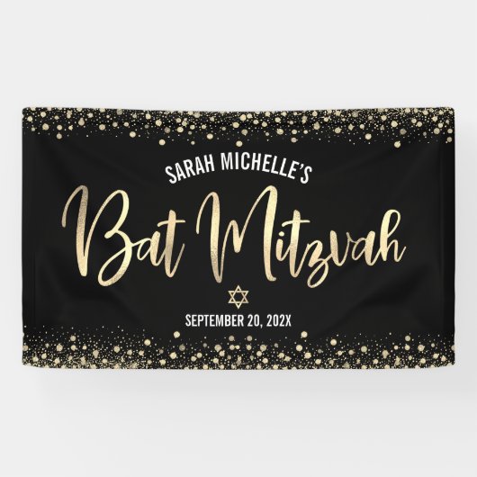 Bat Mitzwa Moderne Zwarte Gouden Folie Glitter Sch Spandoek (Horizontaal)