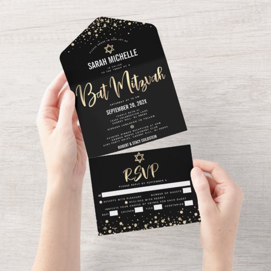 Bat Mitzwa Moderne Zwarte Gouden Glitter Script Fe All In One Uitnodiging (Afscheurbaar)