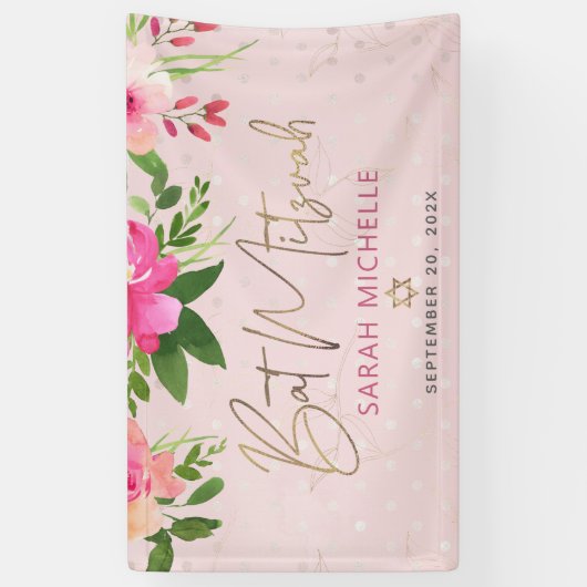 Bat Mitzwa Roze Bloem Waterverf Gouden Schrift Spandoek (Verticaal)
