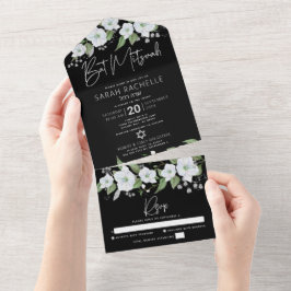 Bat Mitzwa zwart zilver schrift bloem waterverf All In One Uitnodiging