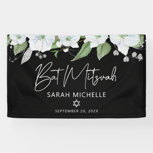Bat Mitzwa zwart zilver schrift waterverf bloemmot Spandoek (Horizontaal)