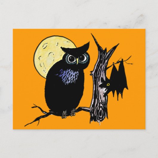 Bat Moon en Owl op Halloween Briefkaart (Voorkant)
