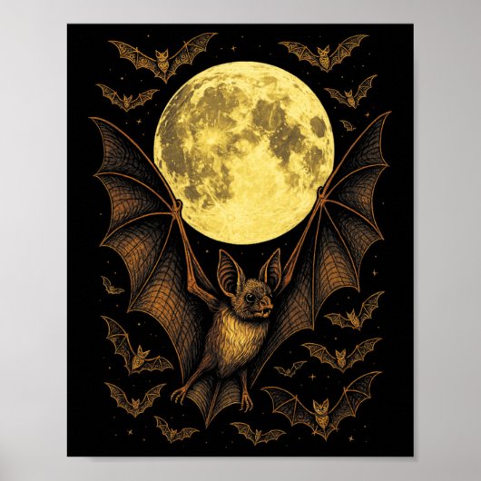 Bat Moon Halloween Gothic Spooky Natuur Night Poster (Voorkant)