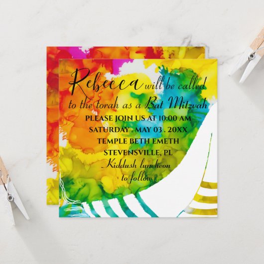Bat of Bar Mitzvah Colorful Square Invitation (Voorkant / Achterkant in situ)