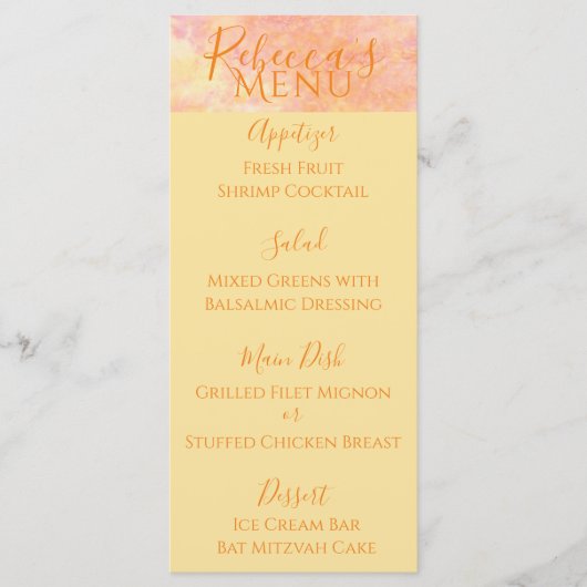 Bat of Bar Mitzvah Gewoon Subtiel Voedsel Menu (Voorkant)