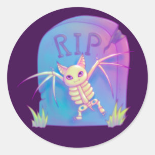 Bat Skeleton RIP Gravestone Halloween Drawing Ronde Sticker
