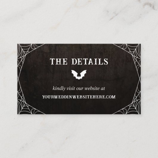 Bat & Spiderwebs Gothic Halloween Bruiloft Details Informatiekaartje (Voorkant)