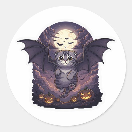 Bat Wing Fold - Schotse Vouw Bat Cat Halloween Ronde Sticker (Voorkant)