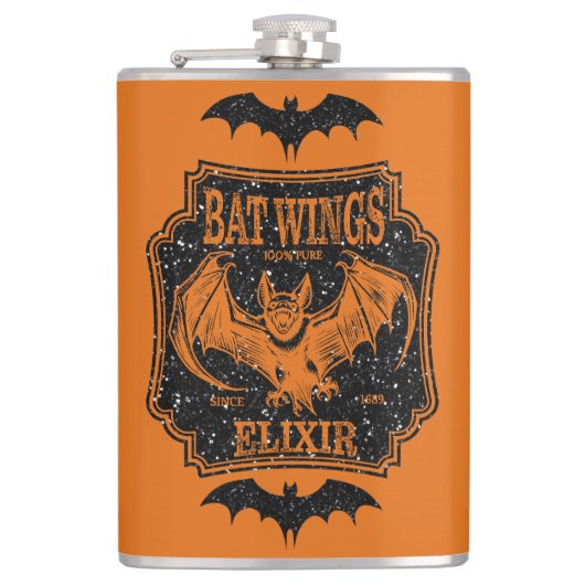 Bat Wings Elixir Sinaasappel en Black Glitter Heupfles (Voorkant)