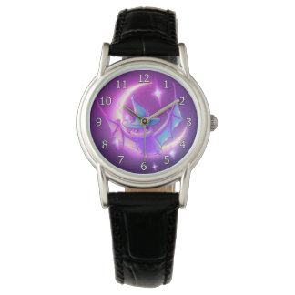 Bat Witch Crescent Moon Stars Art Horloge