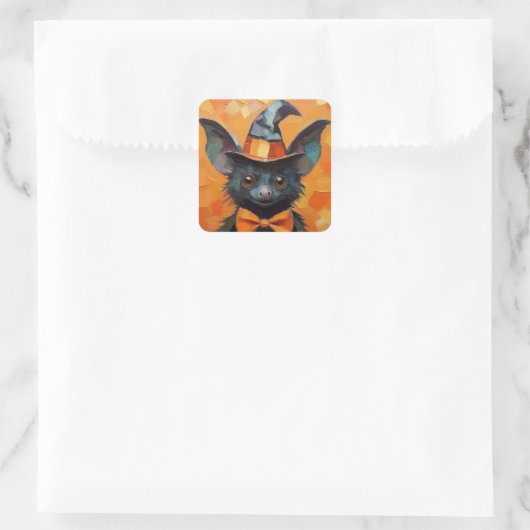 Bat with Patchwork Witch Hat Vierkante Sticker (Tas)