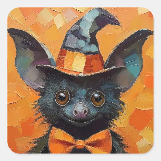 Bat with Patchwork Witch Hat Vierkante Sticker (Voorkant)