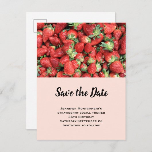 Batch van aardbeien met rode juwelen Sla de datum  Uitnodiging Briefkaart (Voorkant / Achterkant)